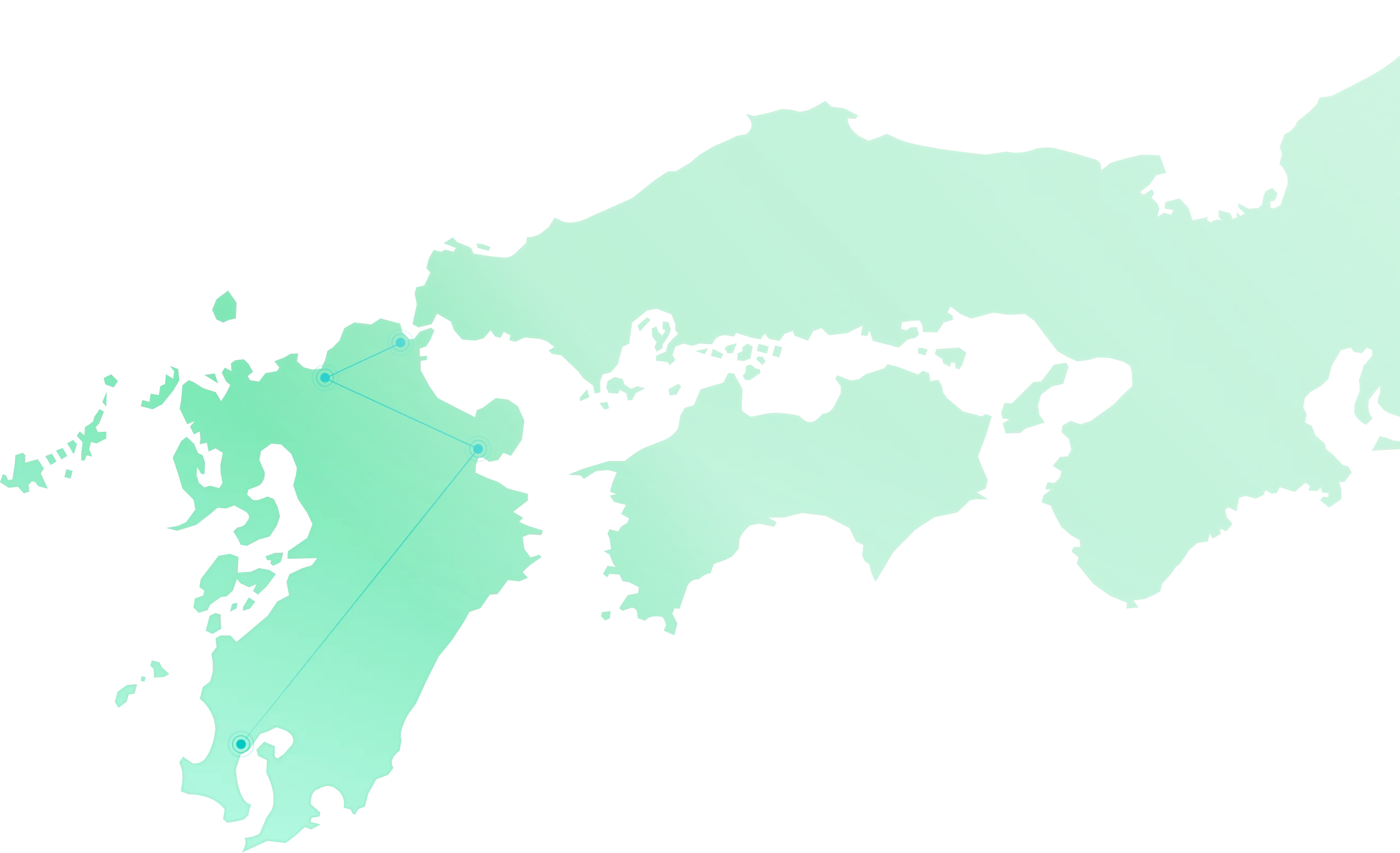九州4拠点(鹿児島・大分・北九州・福岡)を結ぶ地図