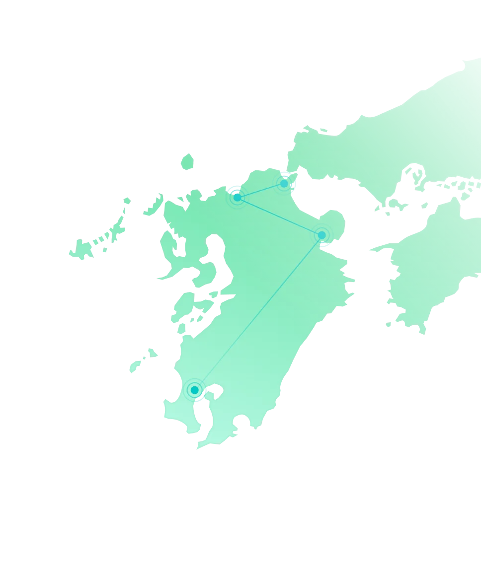 九州の地図。鹿児島・大分・北九州・福岡の4会場を結ぶルート